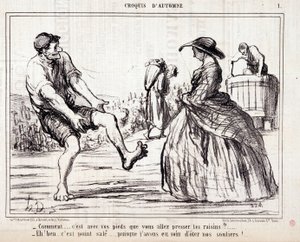 Karikatur über Winzer, die barfuß Trauben stampfen. Serie „Herbstskizze“: „Wie... willst du die Trauben mit deinen Füßen pressen?...“ von Honoré Daumier