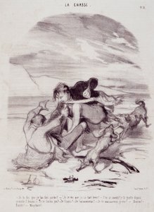 Karikatur über Jäger. Serie „Die schönen Tage des Lebens - Die Jagd“: „Ich sage dir, ich habe ihn vertrieben...“ Gravur von Honore Daumier (1808-1879). Auszug aus der Zeitung „Le Charivari“ vom 10. Januar von Honoré Daumier