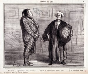 Karikatur über Wissenschaft. Serie „Über den Kometen von 1857“: „Monsieur, ich verlasse Ihren Dienst...“. Gravur von Honore Daumier. Auszug aus der Zeitung „Le Charivari“ am 13. März von Honoré Daumier
