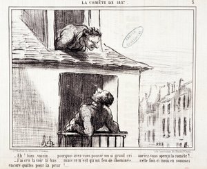 Karikatur über Wissenschaft. Serie über „den Kometen von 1857“: „Nun, Nachbar... warum hast du so einen großen Schrei gemacht...“ Gravur von Honore Daumier (1808-1879). Auszug aus der Zeitung „Le Charivari“ vom 11. März von Honoré Daumier