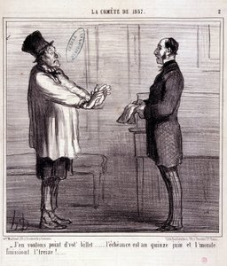 Karikatur über Wissenschaft. Serie „Der Komet von 1857“: „Ich will kein Ticket...“. Gravur von Honoré Daumier (1808-1879). Auszug aus der Zeitung „Le Charivari“ vom 4. März. von Honoré Daumier