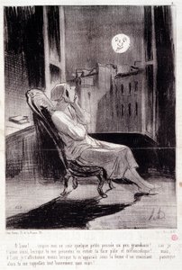 Karikatur über Schriftstellerinnen. Serie „Bas Bleus“: „O! Mond, inspiriere mich heute Nacht...“. Gravur von Honoré Daumier (1808-1879). Auszug aus der Zeitung „Le Charivari“ vom 28. Februar. von Honoré Daumier