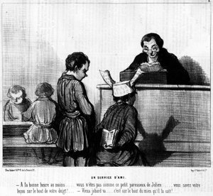 Karikatur von Daumier über Mais und Schulkinder. „Ein Freundschaftsdienst“: - Zumindest zur rechten Zeit... du bist nicht wie dieser faule kleine Julien... du kennst deine Lektion bis zur Fingerspitze! - Alter Trottel geht... es ist auf meiner Fingerspitze von Honoré Daumier