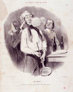 Karikatur eines ungeschickten Mannes. Serie „Die schönen Tage des Lebens“: „Die Crêpes...“ von Honoré Daumier