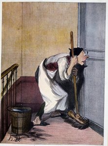 Concierge, der durch ein Schlüsselloch schaut - Zeichnung von Daumier, n.d. 19. Jahrhundert