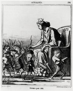 Europa: fremd für 1868. Europa verteilt Gewehre und Kanonen an jeden Vertreter der Länder, erkennbar an ihrem Hut. Illustration von Honore Daumier (1808-1879), veröffentlicht in den Nachrichten, „Charivari“, datiert 23. Dezember 1867