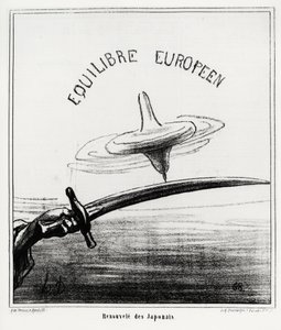 Europäische Balance: Japanische Wiederbelebung. Kurz nach der Wiederherstellung des kaiserlichen Regimes in Japan, nach dem Rücktritt des Tokugawa-Shogunats im November 1867. Illustration von Honore Daumier (1808-1879), veröffentlicht in den Nachrichten, „ von Honoré Daumier
