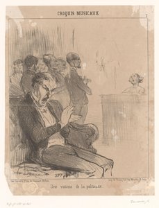 Mann applaudiert, während er gähnt, einer Sängerin hinter einem Klavier von Honoré Daumier