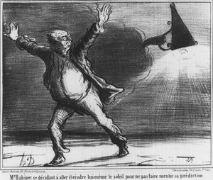 Monsieur Babient beschloss, die Sonne selbst auszuschalten, um seine Vorhersage nicht zu widerlegen, Karikatur über den Kometen von 1857 von Honoré Daumier (1808-1879)