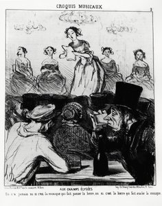 Musikalische Skizzen: auf den Champs Elysees wusste man nie, ob es die Musik ist, die das Bier durchlässt, oder das Bier, das die Musik schluckt. Illustration von Honore Daumier (1808-1879), veröffentlicht in „Charivari“, datiert 12. Februar 1852 von Honoré Daumier