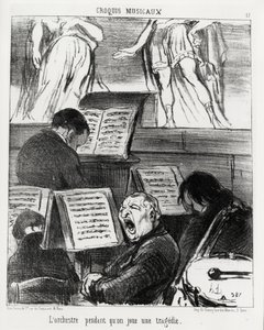 Musikalische Skizzen: das Orchester beim Spielen einer Tragödie. Illustration von Honore Daumier (1808-1879), veröffentlicht in „Charivari“, datiert 5. April 1852
