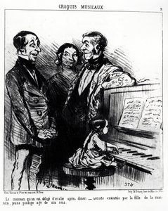 Musikalische Skizzen: das Lied, das man nach dem Abendessen schlucken muss: Sonate, ausgeführt von der Tochter des Hauses, einem jungen Wunderkind im Alter von sechs Jahren. Illustration von Honore Daumier (1808-1879), veröffentlicht in „Charivari“, datier