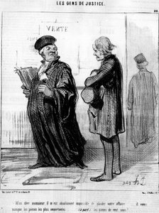 Mein lieber Herr, es ist absolut unmöglich für mich, Ihrem Geschäft zu gefallen... Ihnen fehlen die wichtigsten Teile... (nebenbei) die Münzen!... , aus der Serie „Gens de Justice“, Karikaturen über die Justiz von Honore Daumier (1808-1879). „Charivari“ von Honoré Daumier