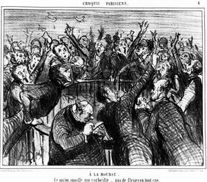 Auf der Börse, was man einen Korb nennt, keine Blumen auf jeden Fall: Serie von Karikaturen über die Börse von Honore Daumier (1808-1879). „Charivari“