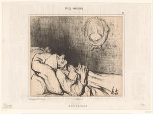Alter Mann im Bett starrt auf Porträt einer jungen Frau (Souvenirs, Parijse types) von Honoré Daumier