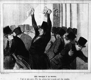Panik an der Börse. Es war vergeblich, dass Aktien angeboten wurden, jeder nahm sie weg: aus „Actualites“, einer Serie von Karikaturen über die Börse von Honore Daumier. Charivari von Honoré Daumier