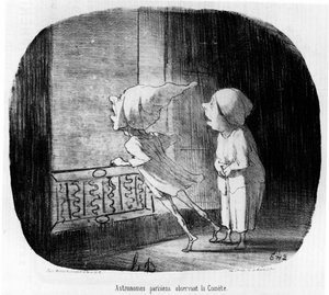 Pariser Astronomen beobachten den Kometen, aus „Astronomie“, einer Serie von Karikaturen über Astronomen und den Kometen von Honore Daumier (1808-1879). „Charivari“ von Honoré Daumier