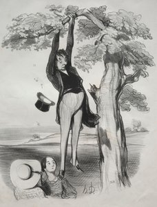 Pastorales, Platte 2: Die Gefahren, einen Pflaumenbaum zu kräftig zu schütteln..., 1845 von Honoré Daumier