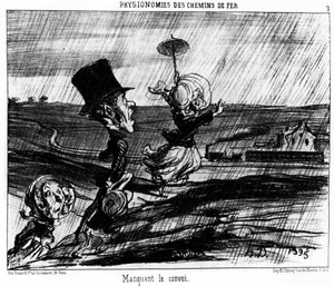 Eisenbahngesichter. Den Zug verpassen: Serie von Karikaturen über die Eisenbahnen von Honore Daumier (1808-1879). „Charivari“ von Honoré Daumier
