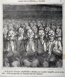 Skizze im Theater: Es wird gesagt, dass Pariser schwer zufrieden zu stellen sind, auf diesen vier Bänken kein Unzufriedener, es ist wahr, dass all diese Franzosen Römer sind. Gravur von Honore Daumier in Le Charivari. Palais Longchamp, Musee des Beaux Arts