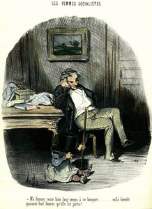 Sozialistische Frauen. Antifeministische Karikatur, die einen Mann mit seinem Kind zeigt, der auf seine seit zwei Tagen vermisste Frau wartet. Lithografie von Honoré Daumier (1808-1879) 19. Jahrhundert Private Sammlung von Honoré Daumier