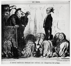 Der amerikanische Gesandte erhält eine Audienz beim Kaiser von China. In der Serie En Chine, Illustration von Honoré Daumier (1808-1879), veröffentlicht in Charivari, datiert 21. Oktober von Honoré Daumier