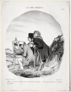 Der gute Bürger, Tafel 23: "Aber ja, meine Liebe, ich versichere dir, dass dieser Herr eine Landschaft zeichnet...ist es nicht so, Herr, dass Sie eine Landschaft zeichnen?" von Honoré Daumier