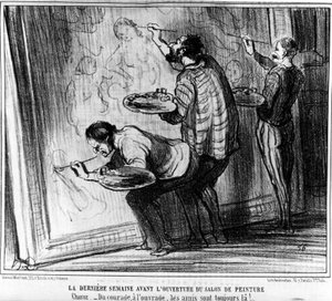 Die letzte Woche vor der Eröffnung des Salons de Peinture. Choughtness - Vom Mut zur Arbeit, Freunde sind immer da!... , aus Gemälde und Salons, Karikaturenserie von Honoré Daumier (1808-1879). Charivari