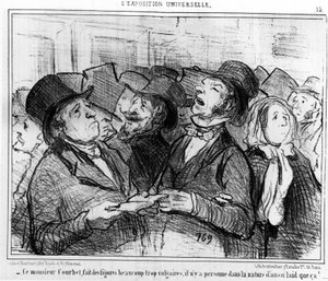 Dieser Herr Courbet macht viel zu vulgäre Figuren, es gibt niemanden in der Natur, der so hässlich ist!... , aus „Gemälde und Salons“, Karikaturenserie von Honore Daumier (1808-1879). „Charivari“ von Honoré Daumier