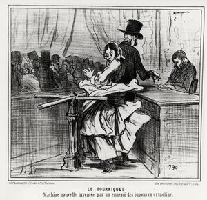 Weltausstellung: das Drehkreuz: eine neue Maschine, erfunden von einem Feind der Reifröcke. Illustration von Honore Daumier (1808-1879), veröffentlicht in den Nachrichten, „Charivari“, datiert 26. Juni 1855 von Honoré Daumier