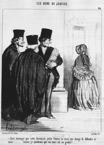 Schade, dass diese reizende kleine Frau mich nicht beauftragt hat, ihre Sache zu verteidigen... wie ich argumentieren würde, dass ihr Mann ein Schurke ist!... , aus der Serie Gens de Justice, Karikaturen über die Justiz von Honoré Daumier (1808-1879). Char von Honoré Daumier