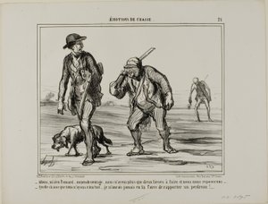 „- Komm, komm, Herr Pomard... halten Sie die Stimmung hoch... nur noch zwei Meilen und wir können ausruhen... - Was für ein Glück, wir haben nichts erbeutet... Ich hätte nicht einmal die Kraft, ein Rebhuhn zu tragen,“ Platte 21 aus Émotions De Chasse von Honoré Victorin Daumier