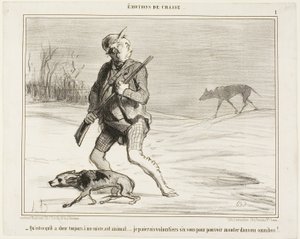 "- Ich frage mich, warum dieses Biest mir die ganze Zeit folgt... Ich zahle gerne 6 Sous, um in einen Bus zu steigen," Tafel 1 aus Émotions De Chasse von Honoré Victorin Daumier