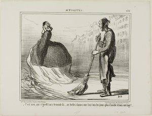 „- Ich würde es bedauern, wenn dieser Modestil eines Tages aus der Mode käme... diese Damen erledigen die Hälfte meiner Arbeit!“, Platte 438 aus Actualités von Honoré Victorin Daumier