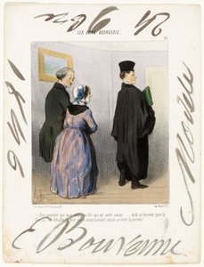 „- Ist es nicht wunderbar, einen Sohn zu haben, der Anwalt ist... was für eine Ehre für die Familie... Adolph, ich möchte, dass du den ganzen Tag so gekleidet bleibst!...“, Platte 21 aus Les Bons Bourgeois von Honoré Victorin Daumier