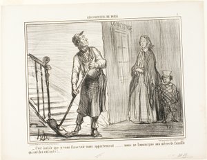 „- Es ist sinnlos, Ihnen meine Wohnung zu zeigen. Wir vermieten nicht an Mütter mit Kindern,“ Platte 1 aus Les Portiers De Paris von Honoré Victorin Daumier