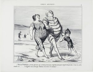„- Madame Prudhomme, lassen Sie uns nicht eilen, erinnern wir uns daran, dass Würde über alle Lebensakte herrschen sollte... Würde allein unterscheidet den Menschen von den übrigen Tieren,“ Tafel 2 aus Croquis Aquatiques von Honoré Victorin Daumier