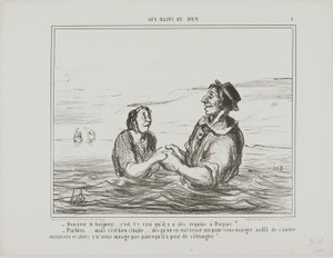 „- Herr Bademeister... stimmt es, dass es Haie in Dieppe gibt? - Natürlich... aber es ist ganz einfach... sobald Sie einen kommen sehen, um Sie zu fressen, müssen Sie sich nur seitlich hinlegen. Er wird Sie nicht fressen, aus Angst zu ersticken“, Tafel 1 a von Honoré Victorin Daumier