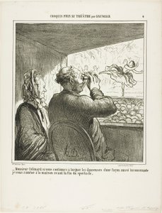 „- Herr Colimard, wenn Sie nicht sofort aufhören, die Tänzerinnen auf so ungehörige Weise anzustarren, werde ich Sie vor Ende der Vorstellung nach Hause bringen!“, Platte 4 aus Croquis Pris Au Théâtre par Daumier von Honoré Victorin Daumier
