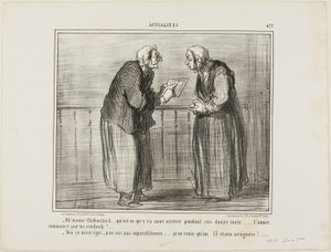 „- Oh, Madame Chaboulard, ich frage mich, was in den nächsten zwölf Monaten passieren wird... das neue Jahr beginnt an einem Freitag! ... - Das ist mir egal, ich bin nicht abergläubisch... ich glaube nur an die Zahl 13 und an Spinnen!“, Tafel 477 aus Actua von Honoré Victorin Daumier