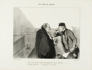 „- Heute sollte eine großartige Vorstellung sein, Herr Galuchet... - Das denke ich auch... Ein Mordfall mit einer Vergewaltigung...“, Platte 31 aus Les Gens De Justice von Honoré Victorin Daumier