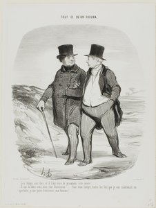 „- Die Zeiten sind schwierig; dieses Jahr müssen wir lernen, bescheidener zu sein... - Erzählen Sie mir nichts, mein lieber Ducorneau.... was mich betrifft, jedes Mal, wenn ich ins Theater gehe, verzichte ich jetzt auf die Gesellschaft meiner Frau....,“ Pl von Honoré Victorin Daumier