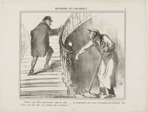„- Würden Sie bitte sofort zurückkommen... Ich erlaube meinen Mietern nicht, Besucher zu empfangen, nachdem ich die Treppe gereinigt habe,“ Platte 1 aus Messieurs Les Concierges von Honoré Victorin Daumier