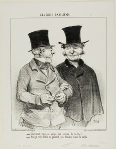 „- Trägst du noch keinen Talma? - Nein, ich bleibe dem Mantel treu, er schmeichelt meiner Taille mehr,“ Platte 1 aus Les Bons Parisiens von Honoré Victorin Daumier
