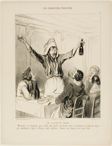 Ein letzter Toast! „Meine Herren, lassen Sie uns nicht an Bord zurückkehren, ohne einen letzten Toast zu Ehren der beiden Dinge, die unser Leben am meisten verzaubern... trinken wir auf die Damen und kaltes Kalbfleisch!“, Tafel 18 aus Les Canotiers Parisie von Honoré Victorin Daumier