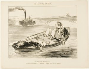 Eine unangenehme Begegnung. „Bernardel, Bernardel! Hier kommt der Dampfer... wir werden sinken!“, Platte 16 aus Les Canotiers Parisiens von Honoré Victorin Daumier