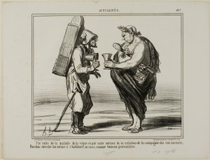 Als Folge der Weinkrankheit, aber auch wegen der Gründung der „Gesellschaft zur Herstellung von künstlichem Wein“, entscheidet sich sogar Bacchus, auf Kokosnusswasser als tägliches Getränk umzusteigen, Platte 407 aus Actualités von Honoré Victorin Daumier