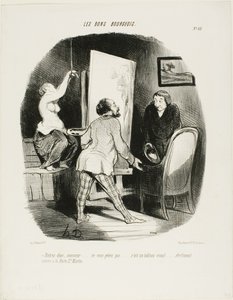 „Kommen Sie herein, Monsieur, seien Sie nicht schüchtern. Es ist ein lebendiges Bild... genau wie (man es sehen würde) an der Porte St. Martin,“ Tafel 62 aus Les Bons Bourgeois