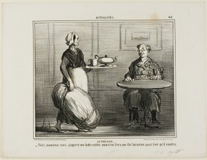 Kräutertee. „- Hier, Monsieur, ich dachte, ich bringe gleich das ganze Heubündel mit, damit Sie selbst über die Stärke Ihres Tees entscheiden können,“ Platte 416 aus Actualités von Honoré Victorin Daumier