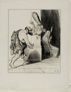Herkules von der Liebe gezähmt. Dieser schelmische Gott unterwirft auf seinen triumphalen Wegen alle, Könige, Hirten, Helden und Fröhliche, Alcide unterbricht seine gefürchteten Heldentaten und bindet ihn, während Omphale sich freut. (Galante Poesie von Mo von Honoré Victorin Daumier